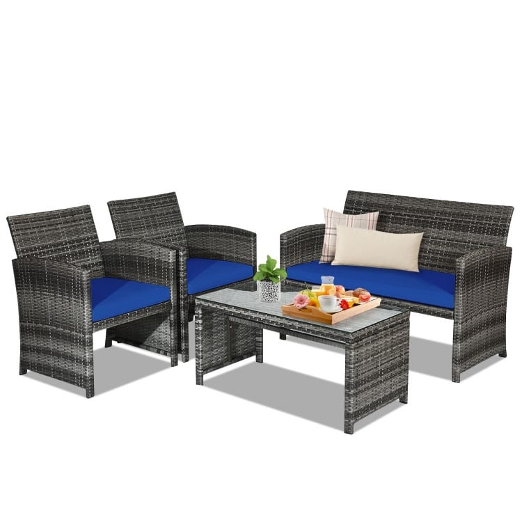 4 Pieces Patio Rattan Furniture Set with Glass Table and Loveseat - 43.5" x 25"x 31" (L x W x H)