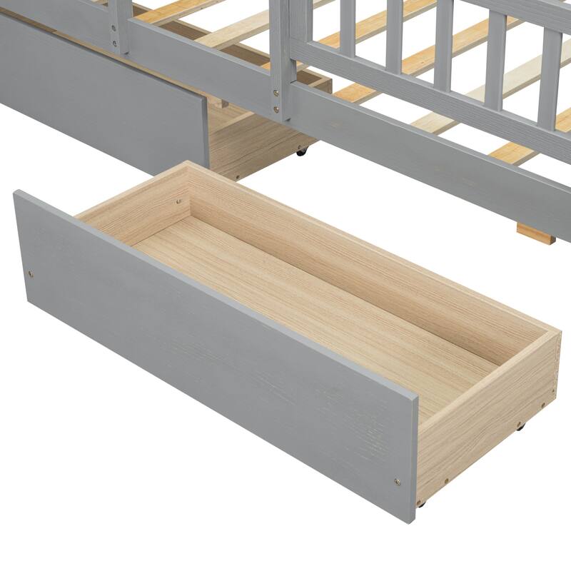 Wood Platform Bed with Built-in LED Light, Multi-functional Headboard, Guardrail and 2 Drawers