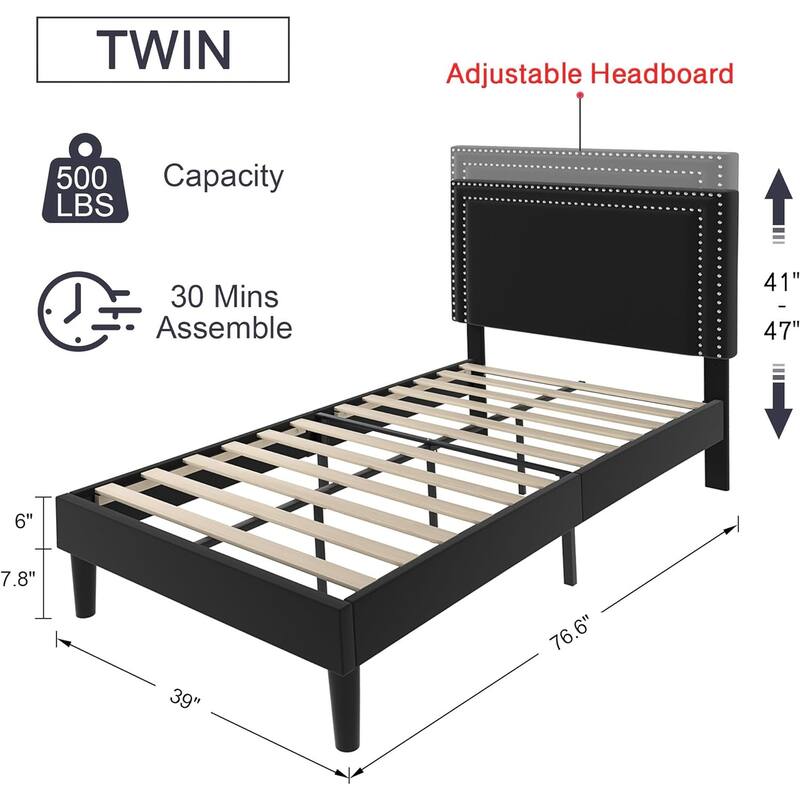 VECELO Upholstered Bed Frames with Height Adjustable Headboard