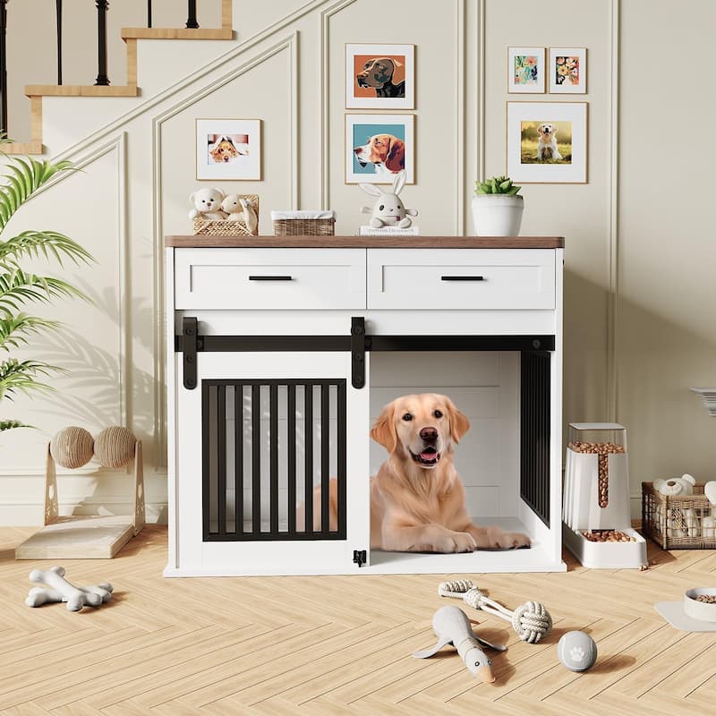 Dog Crate Furniture with Barn Door, Indoor Kennel Table with Storage - N/A