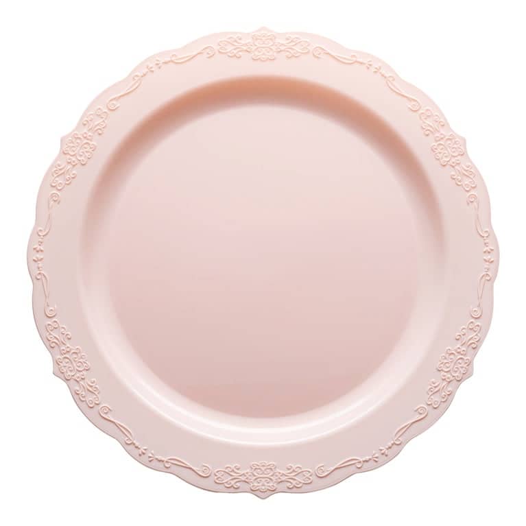Vintage Rim Round Disposable Plastic Plate Packs - Party Supplies - 120pcs - Salad Plates - Pink