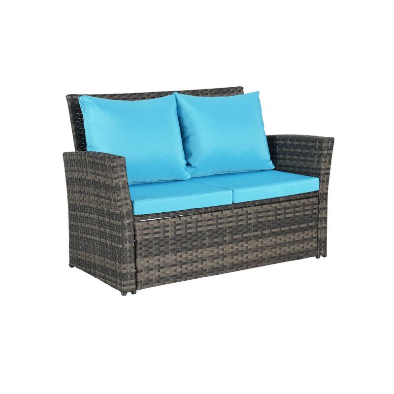 4-Piece Outdoor Patio Rattan Conversation Sofa Set with Tempered Glass Coffee Table