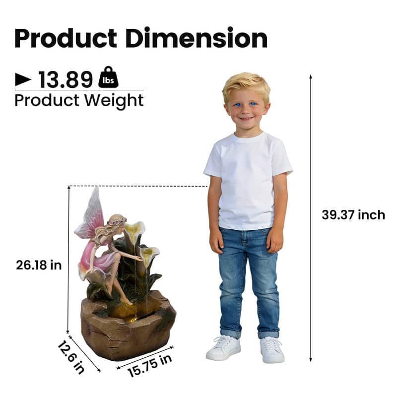 Outdoor Fairy & Calla Lily Water Fountain with Fairy-Tale Garden Style and Lights