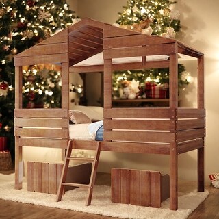 Contemporary Twin Size Low Loft Wood House Bed with Two Drawers, Sturdy ...