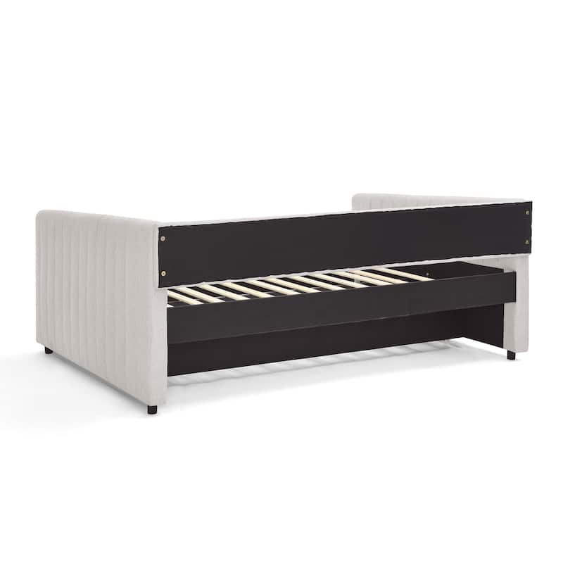 Full Size Daybed with Trundle Upholstered Sofa Bed, with Vertical Stripes, Linen Fabric, Beige (82.5"x58"x30")