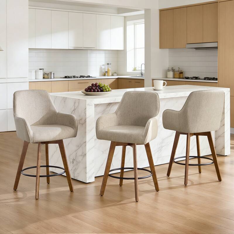 25 Inch Upholstered Swivel Counter Height Bar Stool with Armrests, Solid Wood Legs - 23.6"W x 22.4"D x 40.2"H