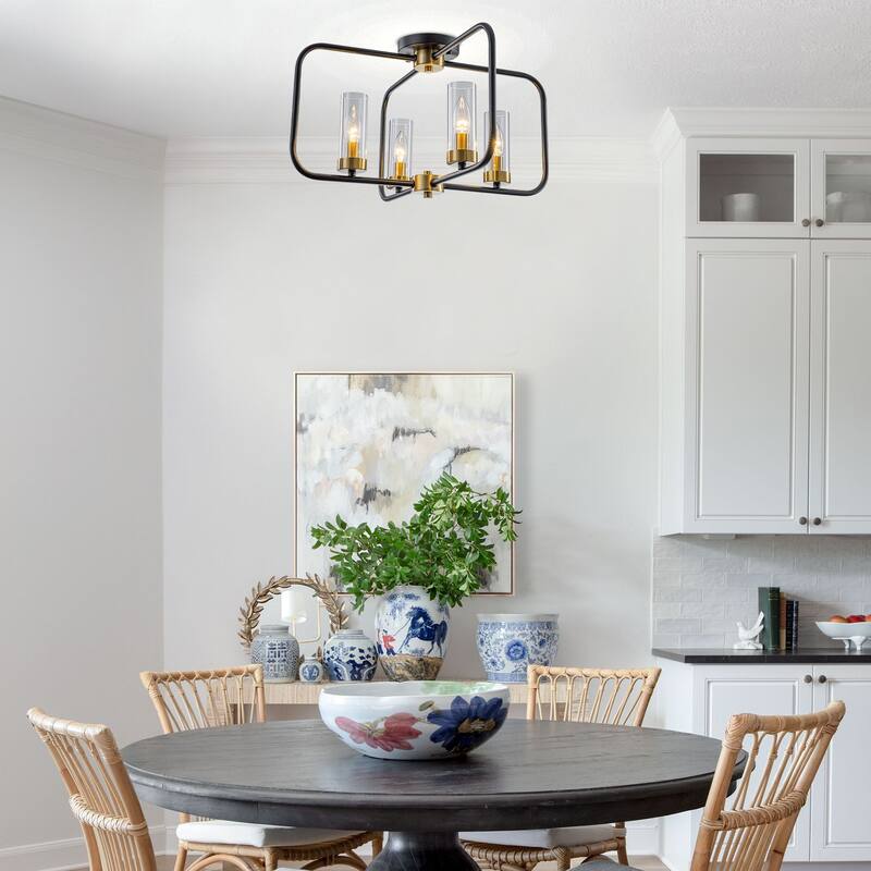 4 Light Industrial Black Metal Flush Mount Ceiling Light with Glass Tube Shade - Dia.20.28-in