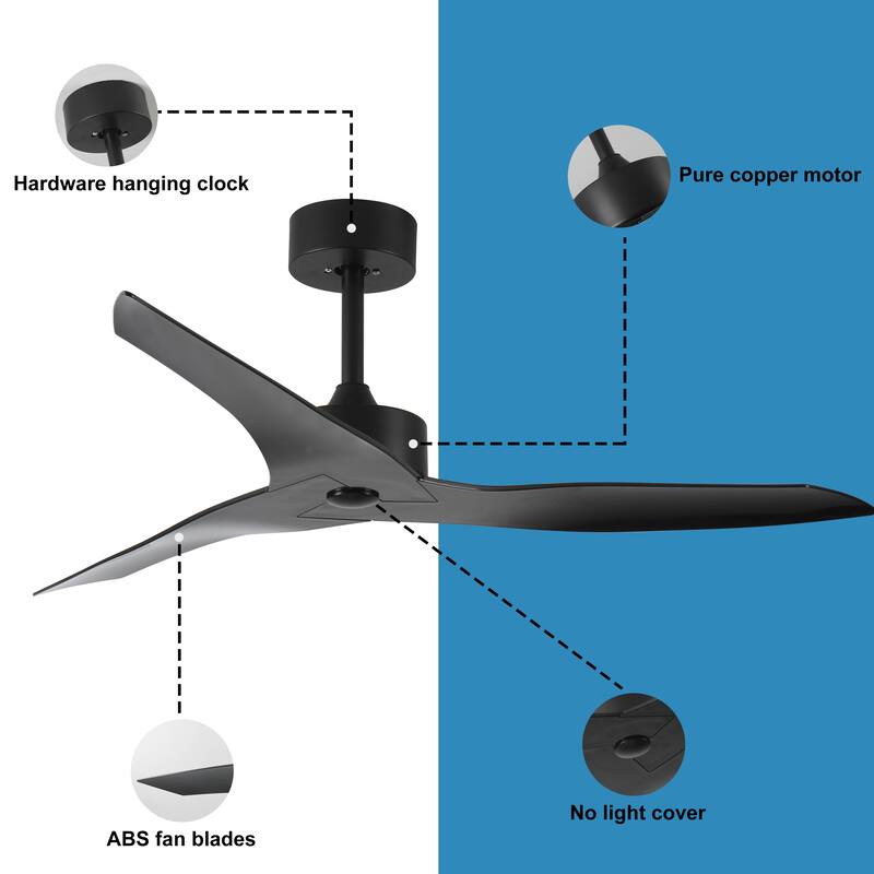 52" Outdoor black Ceiling Fan Without Light with Remote Control ,3 ABS Blades Farmhouse Ceiling Fan 6-speed Reversible DC Motor