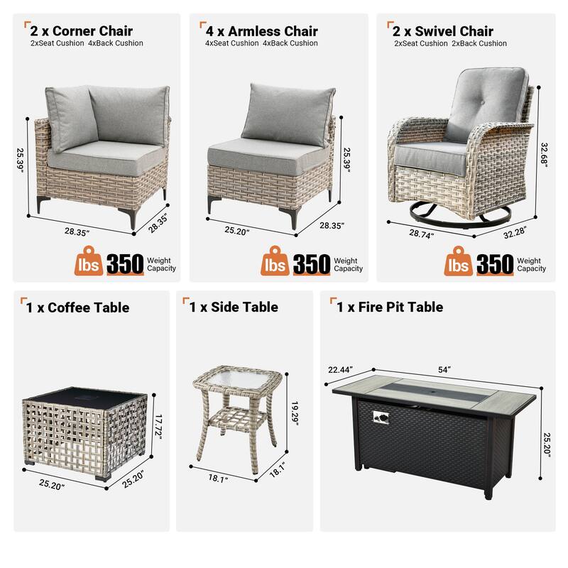 OVIOS 11 Pieces Outdoor Wicker Swivel Chair Set With Fire Table