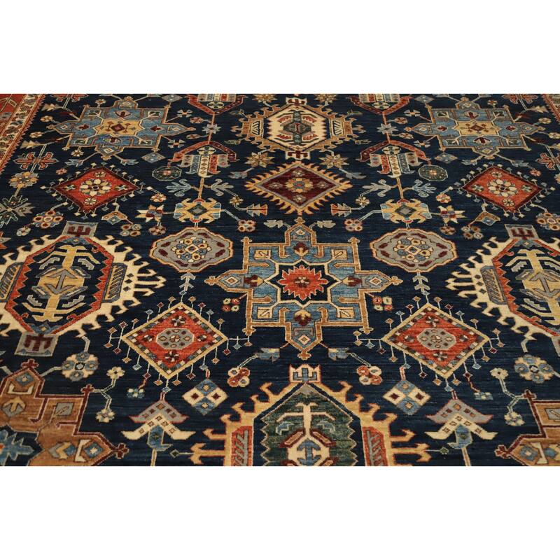 Hand Knotted Oriental 100% Wool Carpet Traditional All-Over Navy Blue & Blues Heriz (serapi) Area Rug - 13' 8'' X 10' 1''