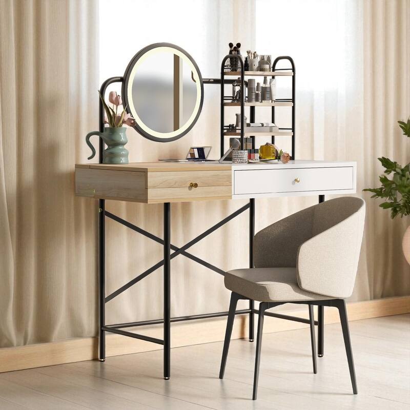 40" Makeup Vanity Table with LED Mirror, Wireless Charging, Drawer & 3 Shelves for Bedroom - White