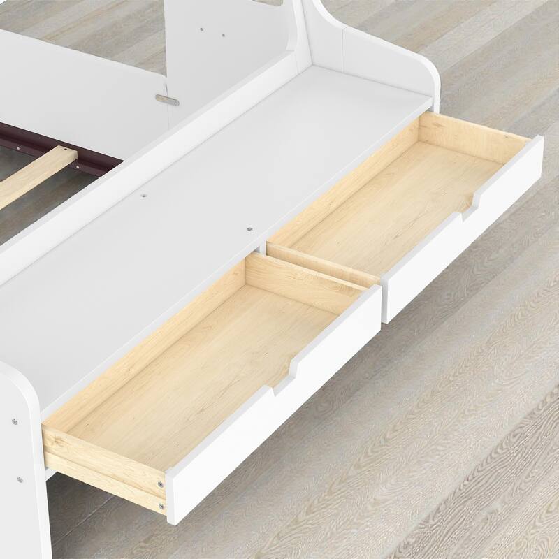 Kids Car Floor Bed with Storage Drawers and Desk, Car-Shaped Wood Floor Bed with Window, Twin Full Sizes