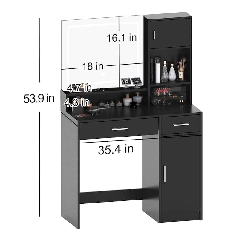 Modern Vanity Desk with Mirror, LED Light Strip and Storage