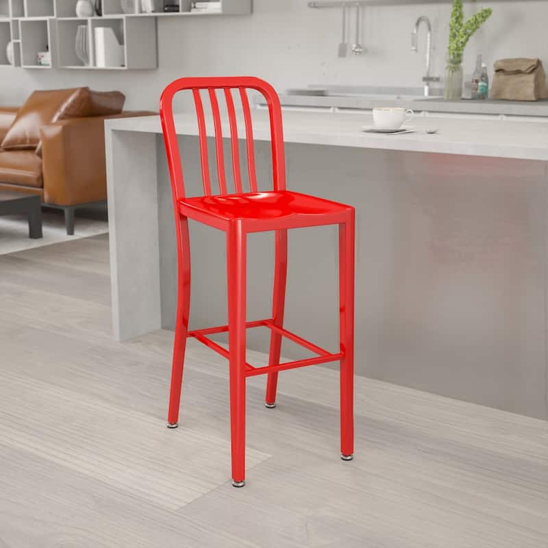 30'' High Metal Indoor-Outdoor Barstool with Vertical Slat Back - Red