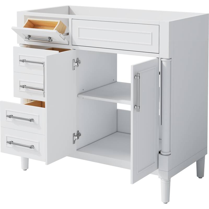 Roomfitters 36" Vanity Cabinet Without Sink, Solid Wood Storage Unit with 2 Drawers, Tip-out Tray and Adjustable Shelf, White