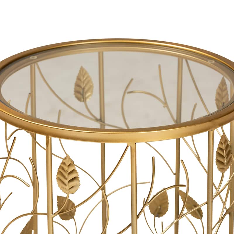 Anaya Brushed Gold Finished Metal and Glass Leaf Accent End Table