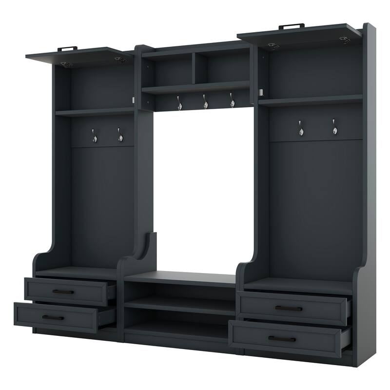 4-in-1 Detachable Hall Tree with Storage, 7 Hooks, Coat Rack, Drawers & Cabinet, Black Shoe Bench for Entryway Hallway