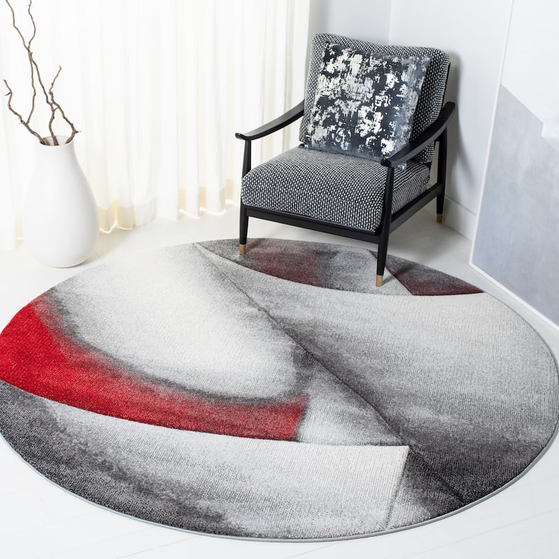 SAFAVIEH Hollywood Hasiba Mid-Century Modern Abstract Rug - 6'7" Round - Grey/Red