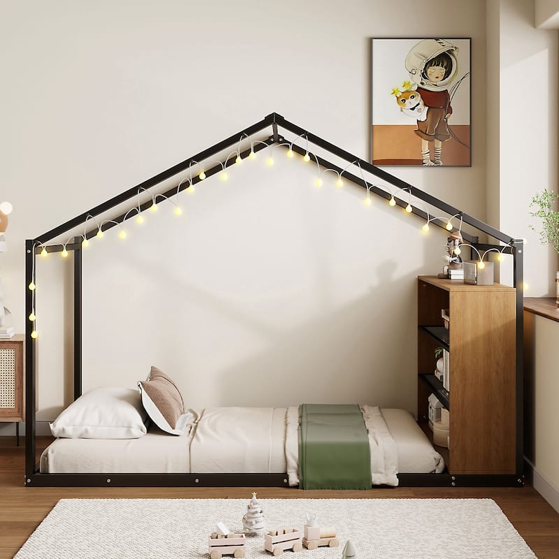 Twin Size Metal Bed House Bed Frame with Shelves and Lights - Black