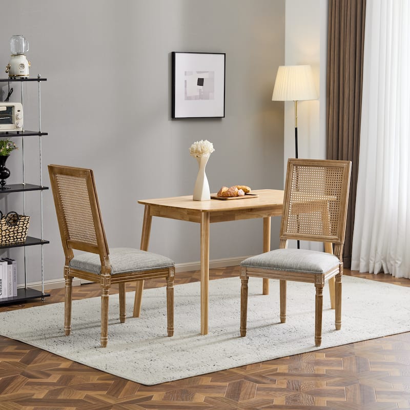 [Set of 2] French Country Dining Chairs - Elegant Cane Backrest & Upholstered Seats with Fluted Legs- Solid Rubberwood Frame