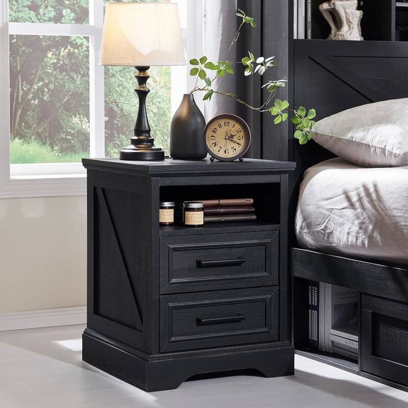 Farmhouse Nightstand with Charging Station, End Table with 2 Drawers - Black