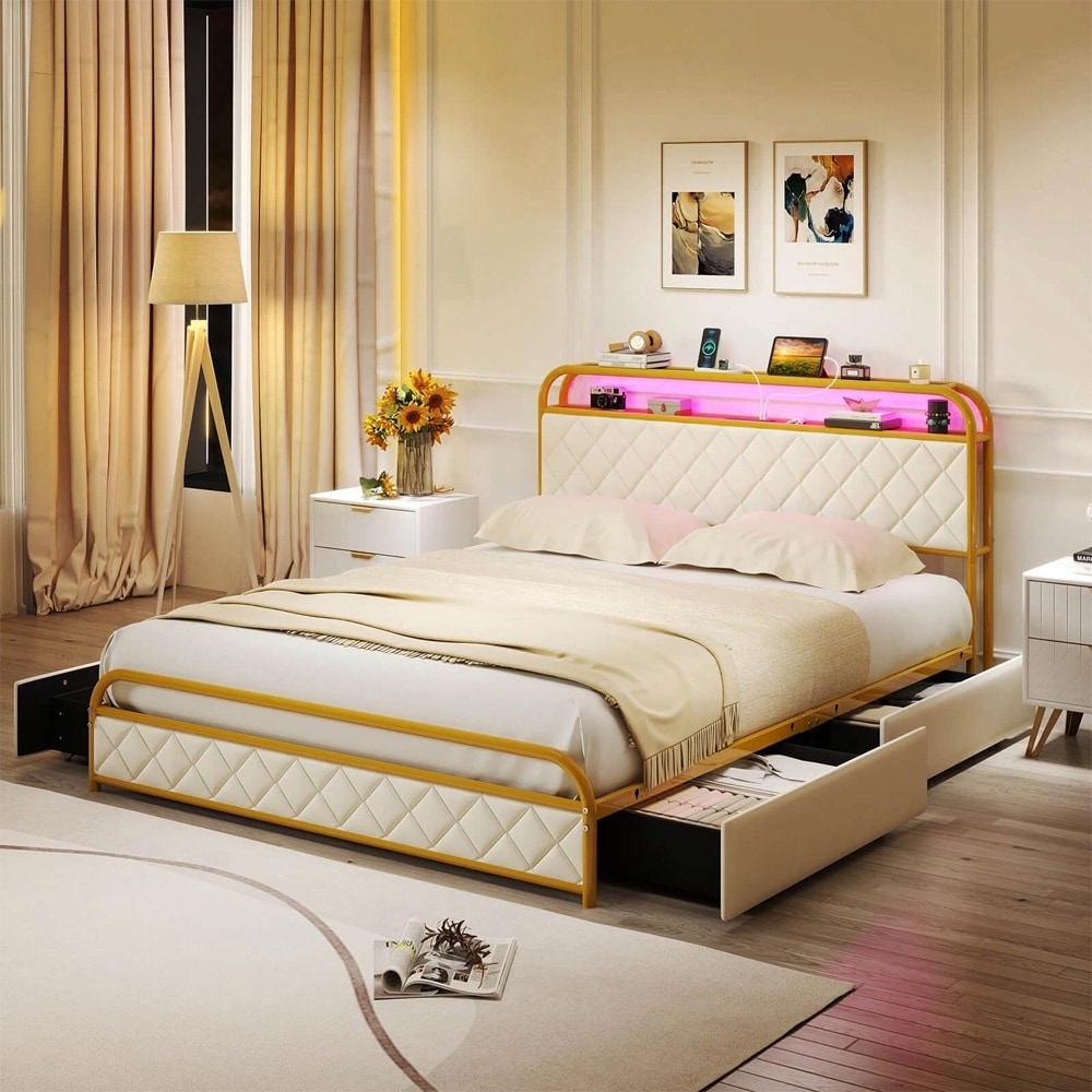 Queen Bed Frame with LED Lights & Charging Station Storage Headboard