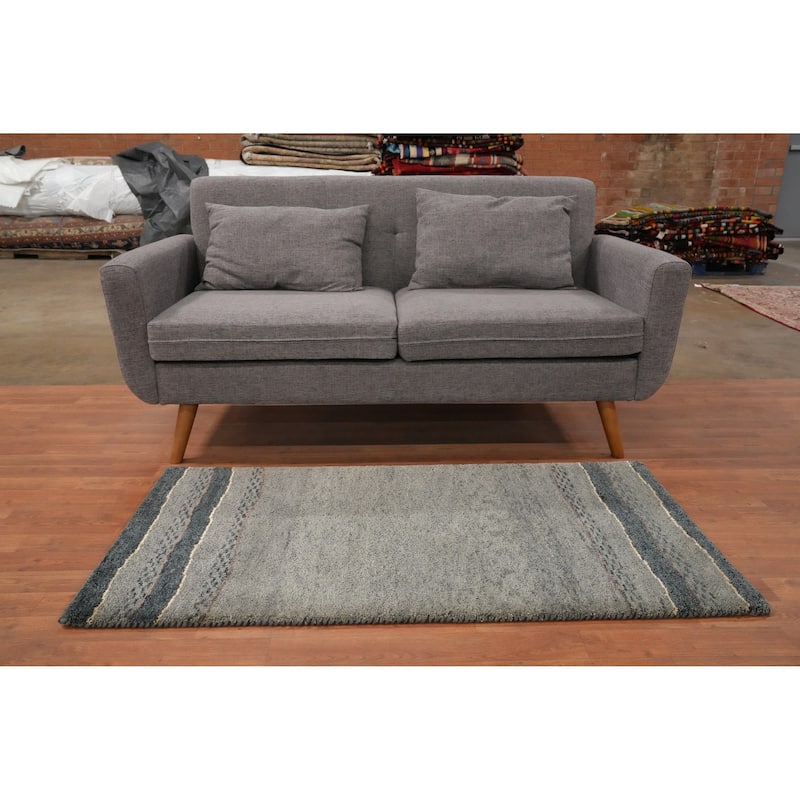 Hand Knotted Oriental 100% Wool Carpet Modern Modern Greys & Charcoal Gabbeh Area Rug - 4' 9'' X 2' 6''