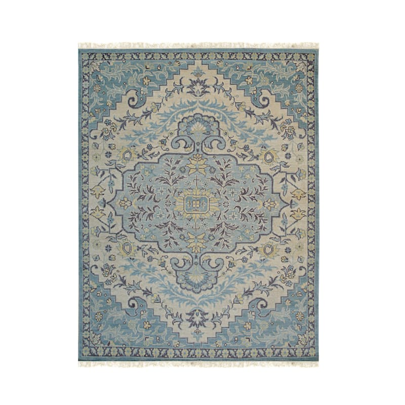 Hand Knotted Wool Ivory Traditional Oriental Heriz Rug