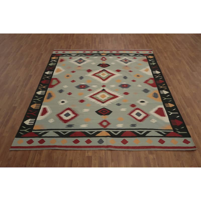Hand Woven Oriental 100% Wool Carpet Southwestern Tribal Greys & Charcoal Kilim Area Rug - 10' 1'' X 8' 4''