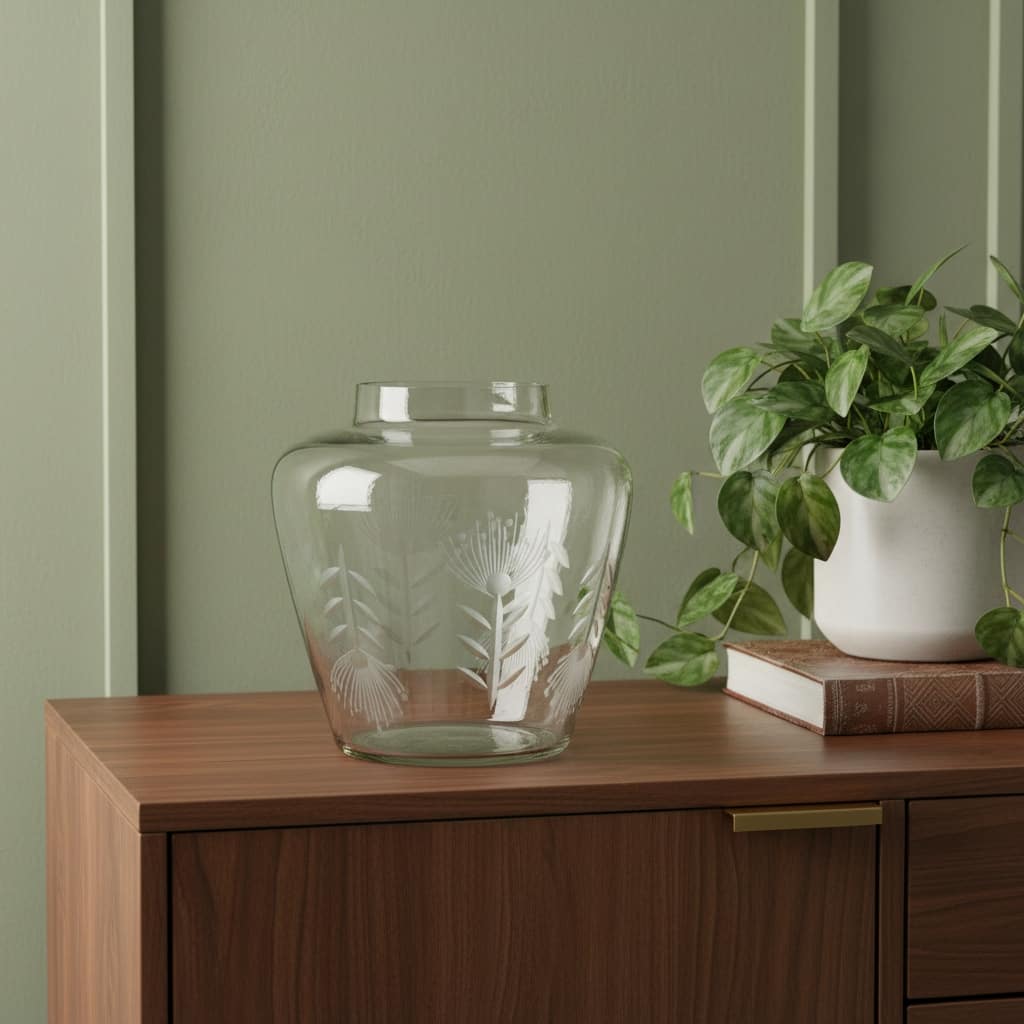 7" Clear Etched Leaf Glass Urn Table Vase - 6.50