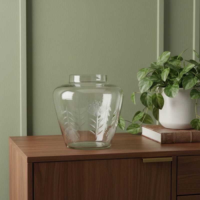 7" Clear Etched Leaf Glass Urn Table Vase - 6.50 - Clear - 6.50