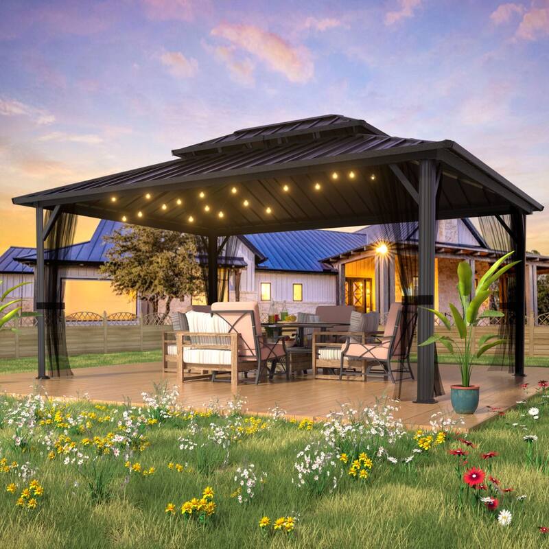 VEIKOUS Aluminum Double Hardtop Gazebo Pergola for Patio, Lawn, and Garden with Removable Netting