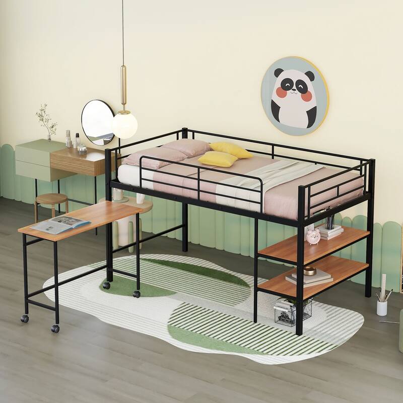 Twin Over Low Loft Bed Frame with Rolling Desk and Shelves,Twin Size Metal Bed with Steel Slat Supports,for Teens Kids Child - Black