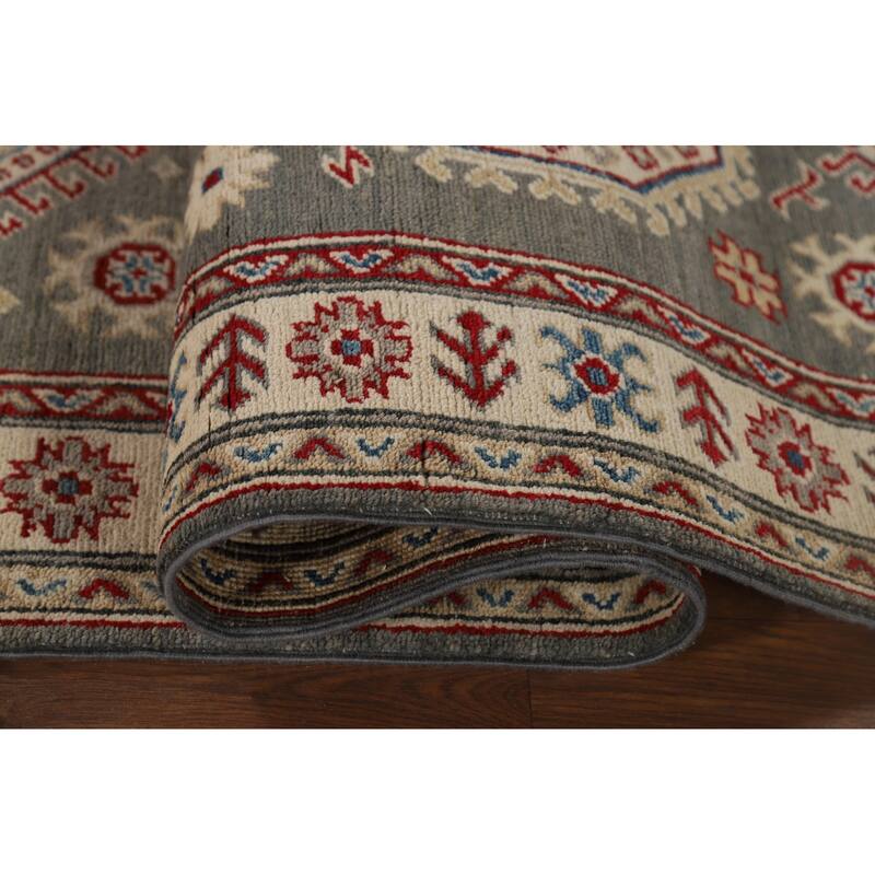 Geometric Kazak Runner Rug Handmade Oriental Grey Wool Carpet - 2'7" x 16'3"