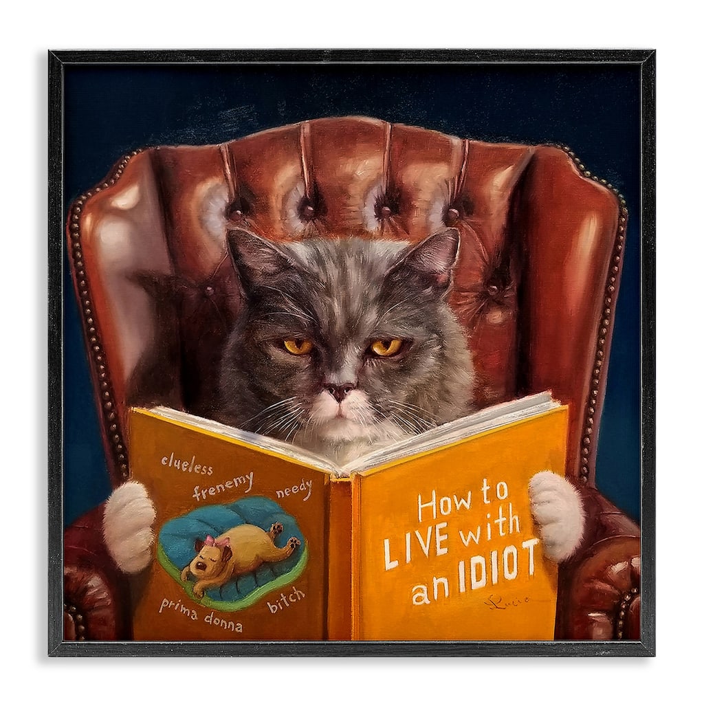 Stupell Angry Cat Reading Dog Book Feline Pet Humor Framed Wall Art