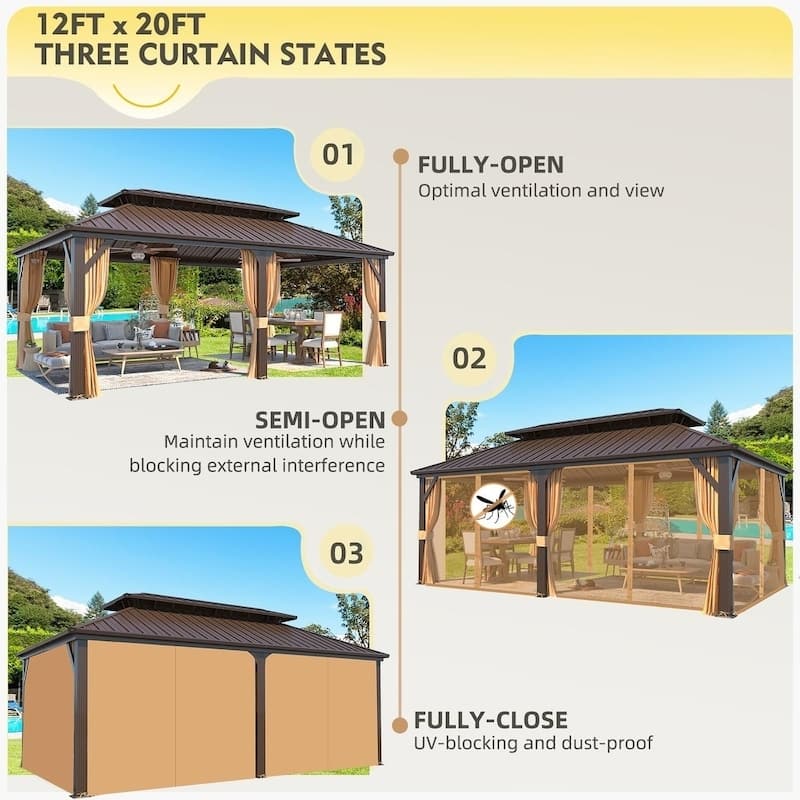 Outdoor Hardtop Gazebo with Galvanized Steel Double Roof & Aluminum Frame, Outdoor pergola with Premium Curtains and Nettings