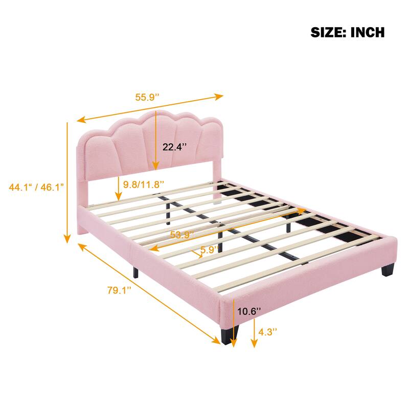 Sherpa Fabric Upholstered Platform Bed with Elegant Flowers Headboard and Wooden Slats Support