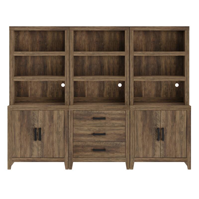 WAMPAT 74" 3-Piece Tall Bookshelf, Farmhouse Bookcase with Doors & Drawers for Living Room & Office