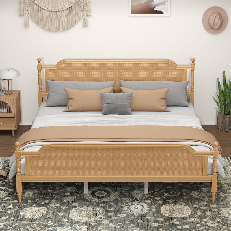 Rattan King Size Platform Bed Frame - Handwoven Rattan Headboard and Footboard, Solid Pine Wood, No Box Spring Needed , Walnut - Walnut