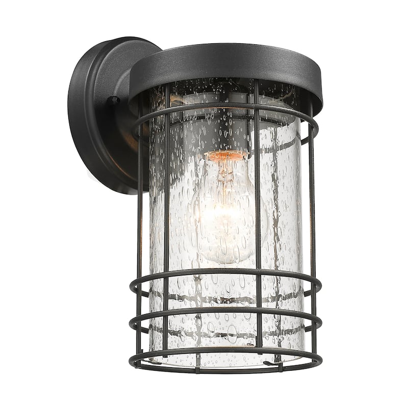 Textured Black 1- Light Outdoor Cylinder Wall Sconce with Seedy Glass