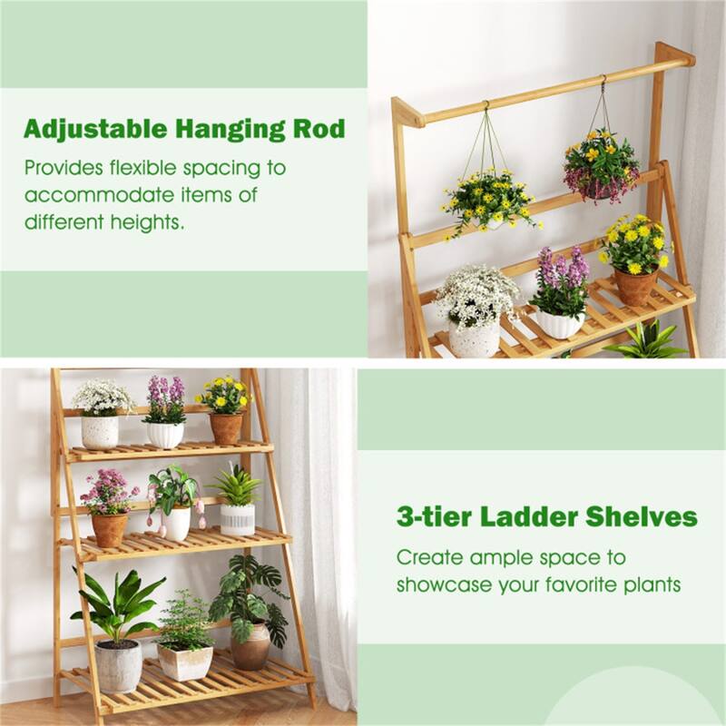 Natural Wicker Plant Stand with 3-Tier Ladder Shelves and Adjustable Hanging Rod for Indoor Plants - 28" x 16" x 47-56"