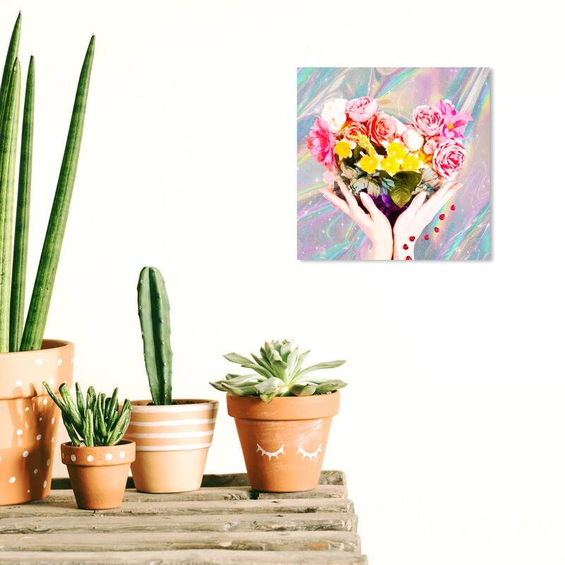 Wynwood Studio Canvas Floral and Botanical Holographic Floral Heart Pink and Bohemian & Eclectic Wall Art Canvas Print - 12 x 12