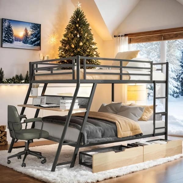 slide 2 of 12, Full Size Metal Bunk Bed with Built-in Desk, Light and 2 Drawers, Black Black