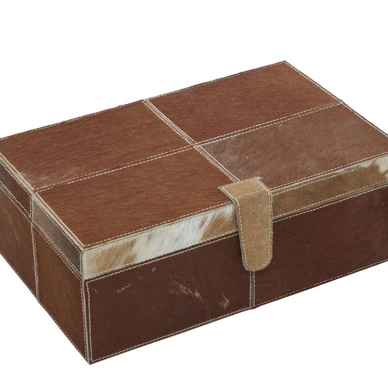 Leather Handmade Decorative Box with Hinged Lid - Set of 2 Gray, Brown, Dark Brown, Gold, Silver - Roche River Decor