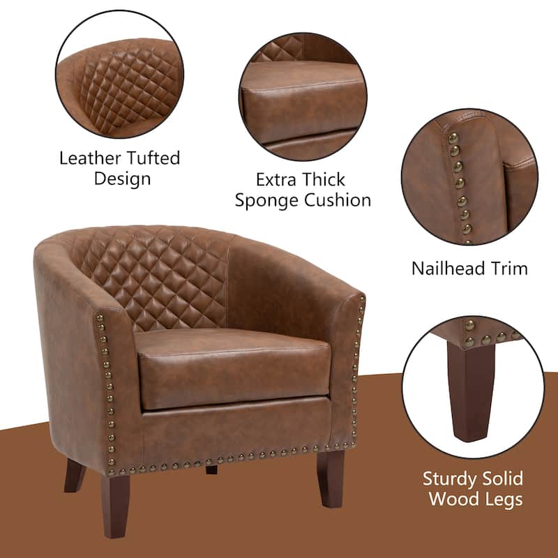 2 Set 29" W Vegan Leather Barrel Accent Chairs with Nailheads Trim