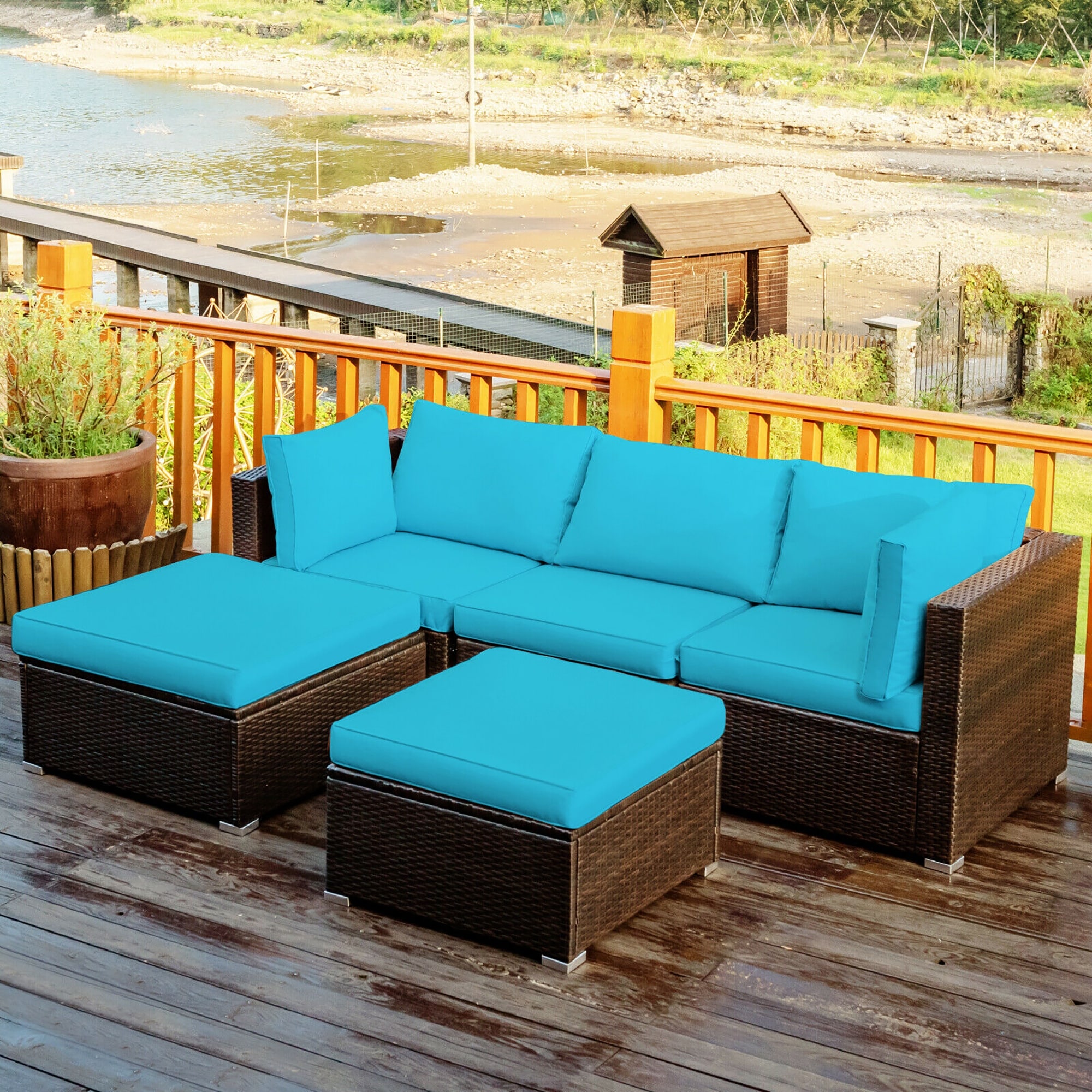 Costway 5PCS Patio Rattan Sectional Conversation Set Ottoman Turquoise - 5-Piece Sets