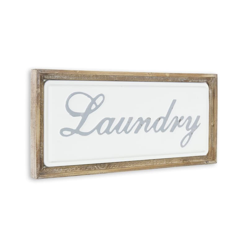 HomeRoots 11" X 24" Brown and White Laundry Wood and Metal Wall Decor