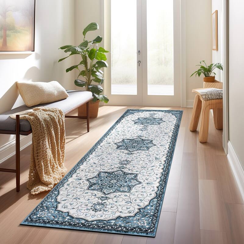 Traditional Medallion Area Rug - 2' x 7' - Blue - Runner