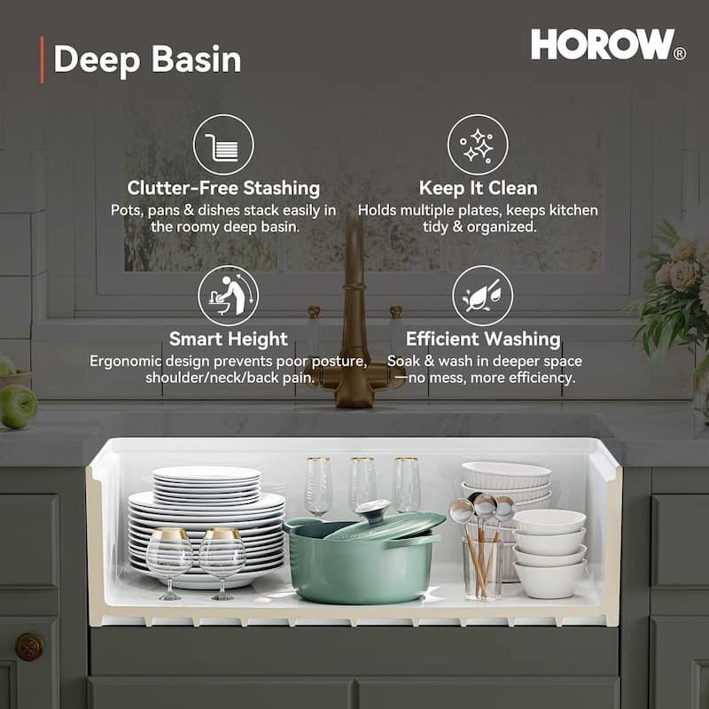 HOROW 33in. Farmhouse/Apron-Front Single Bowl White Fireclay Workstation Kitchen Sink w/Cutting Board,Bottom Grid and Strainer