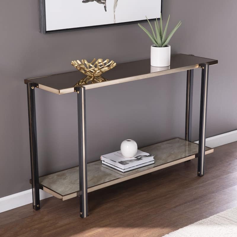 Smoky Black Glass Console Table and Champagne Iron Base with Shelf - 50.25" L x 14.25" W x 29.5" H